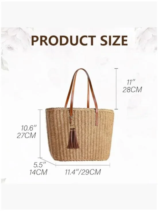 Large Straw Tote Bag with Tassel for Beach Travel Shoulder Handbag - Picture 5 of 7